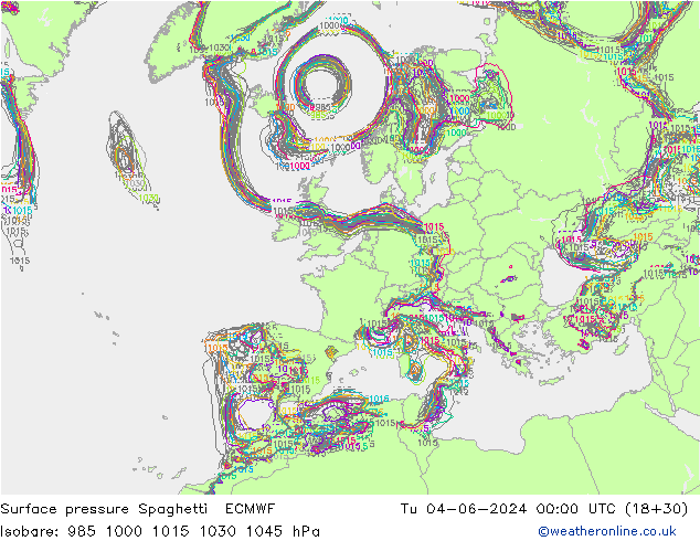 Surface pressure Spaghetti ECMWF Tu 04.06.2024 00 UTC