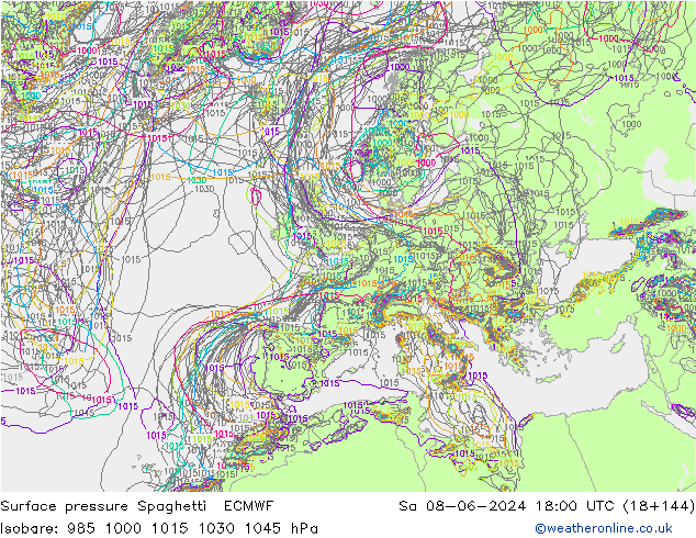 Surface pressure Spaghetti ECMWF Sa 08.06.2024 18 UTC