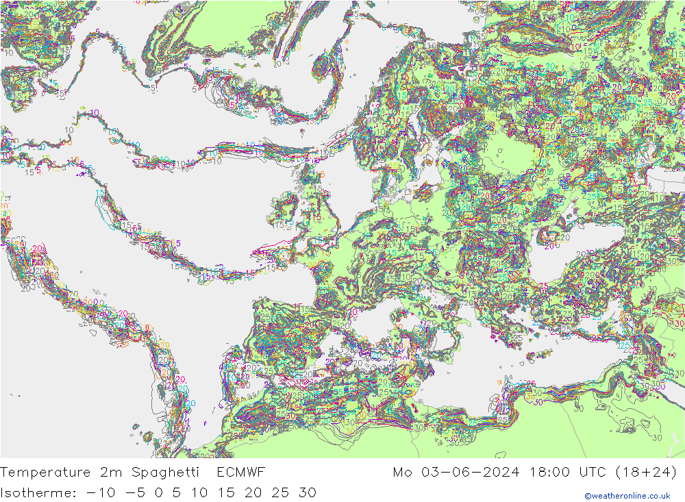 Temperatura 2m Spaghetti ECMWF Seg 03.06.2024 18 UTC