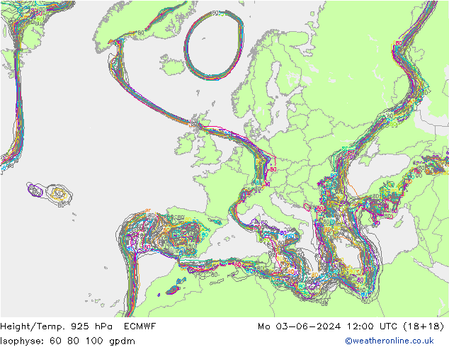 Height/Temp. 925 hPa ECMWF Mo 03.06.2024 12 UTC
