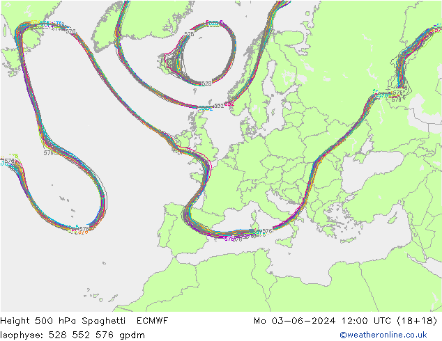 Hoogte 500 hPa Spaghetti ECMWF ma 03.06.2024 12 UTC