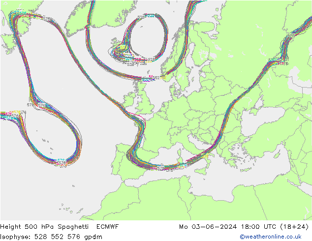 Height 500 hPa Spaghetti ECMWF Mo 03.06.2024 18 UTC