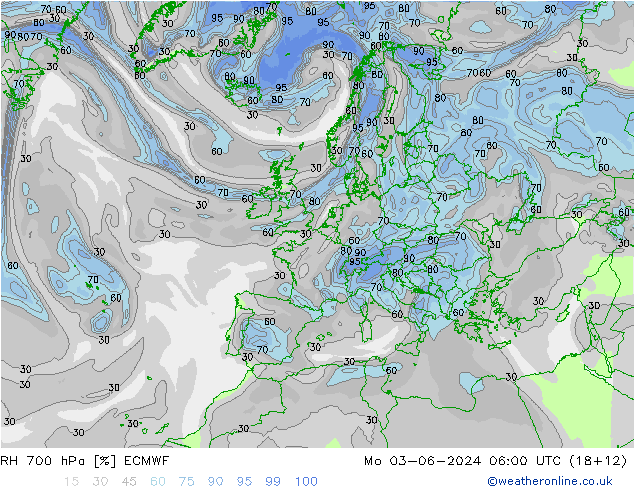 RH 700 hPa ECMWF 星期一 03.06.2024 06 UTC