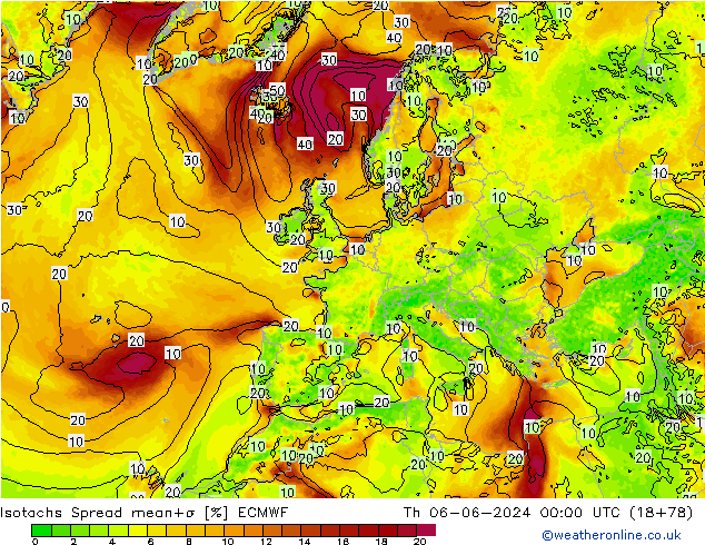 Isotachen Spread ECMWF Do 06.06.2024 00 UTC