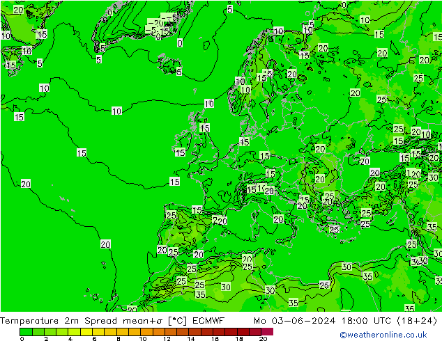 Temperature 2m Spread ECMWF Mo 03.06.2024 18 UTC