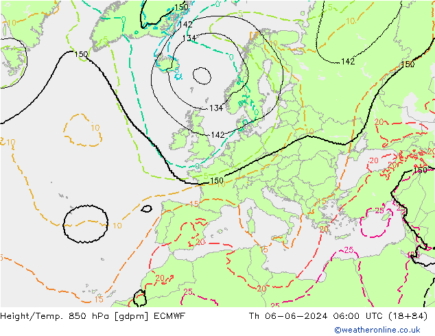 Hoogte/Temp. 850 hPa ECMWF do 06.06.2024 06 UTC