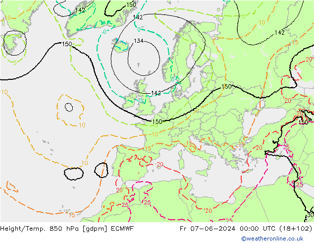 Height/Temp. 850 hPa ECMWF Pá 07.06.2024 00 UTC