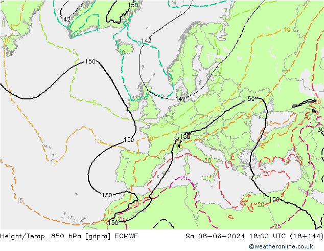 Geop./Temp. 850 hPa ECMWF sáb 08.06.2024 18 UTC