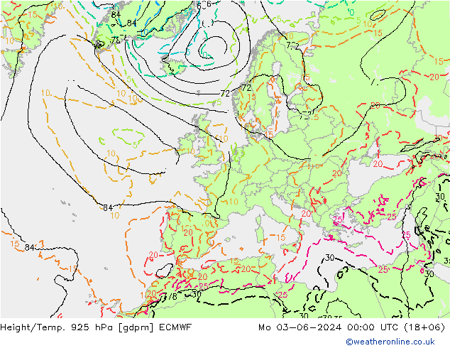 Height/Temp. 925 hPa ECMWF pon. 03.06.2024 00 UTC