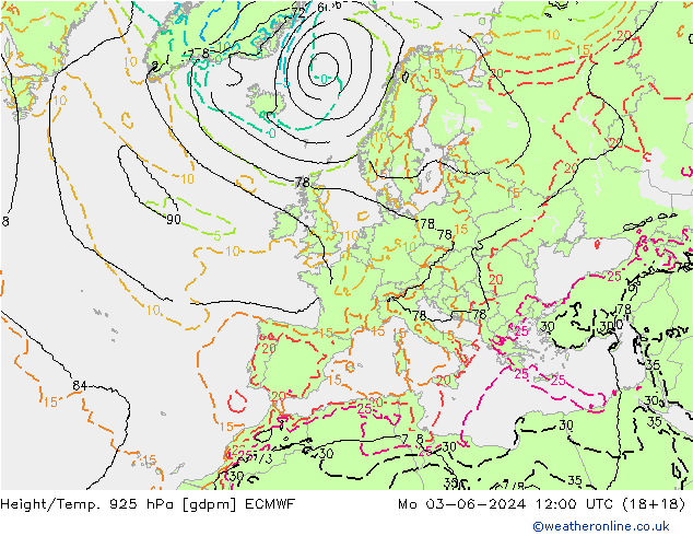 Height/Temp. 925 hPa ECMWF pon. 03.06.2024 12 UTC