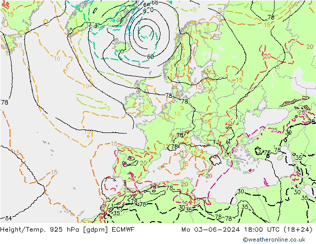 Geop./Temp. 925 hPa ECMWF lun 03.06.2024 18 UTC