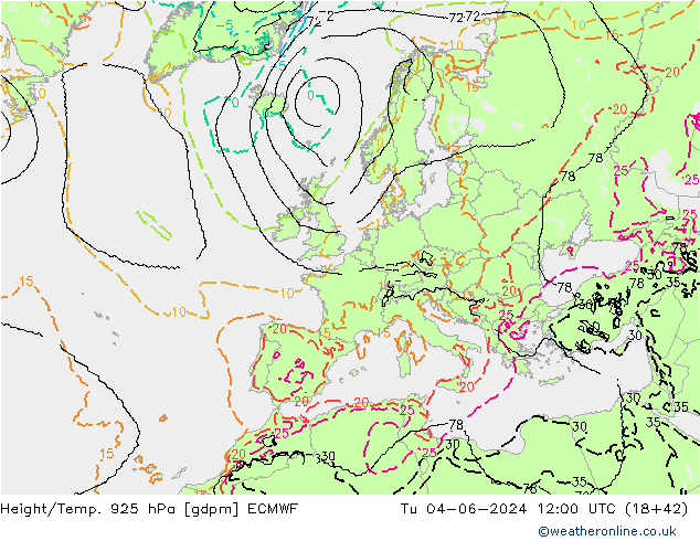 Height/Temp. 925 hPa ECMWF wto. 04.06.2024 12 UTC