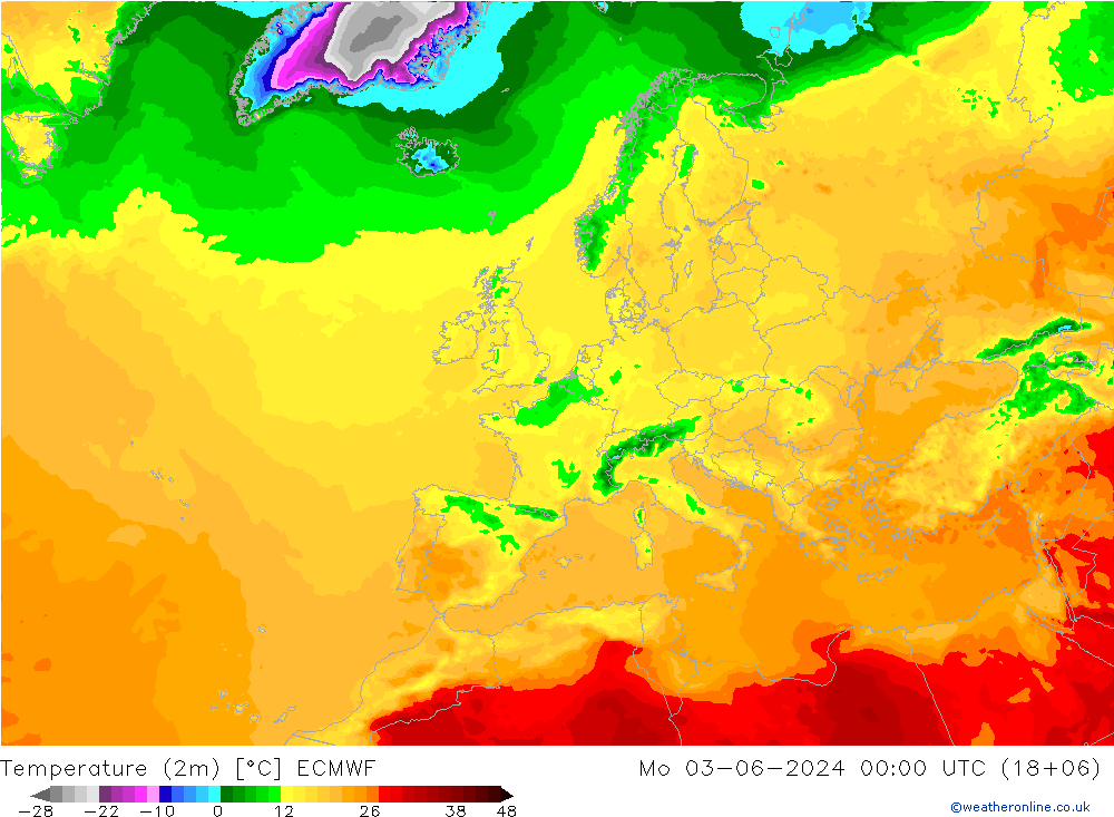 Temperaturkarte (2m) ECMWF Mo 03.06.2024 00 UTC