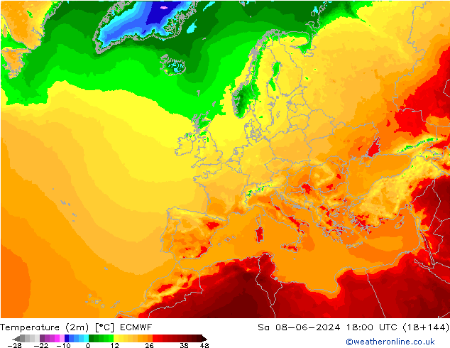 Temperatuurkaart (2m) ECMWF za 08.06.2024 18 UTC