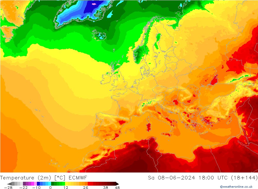 Temperatura (2m) ECMWF sab 08.06.2024 18 UTC