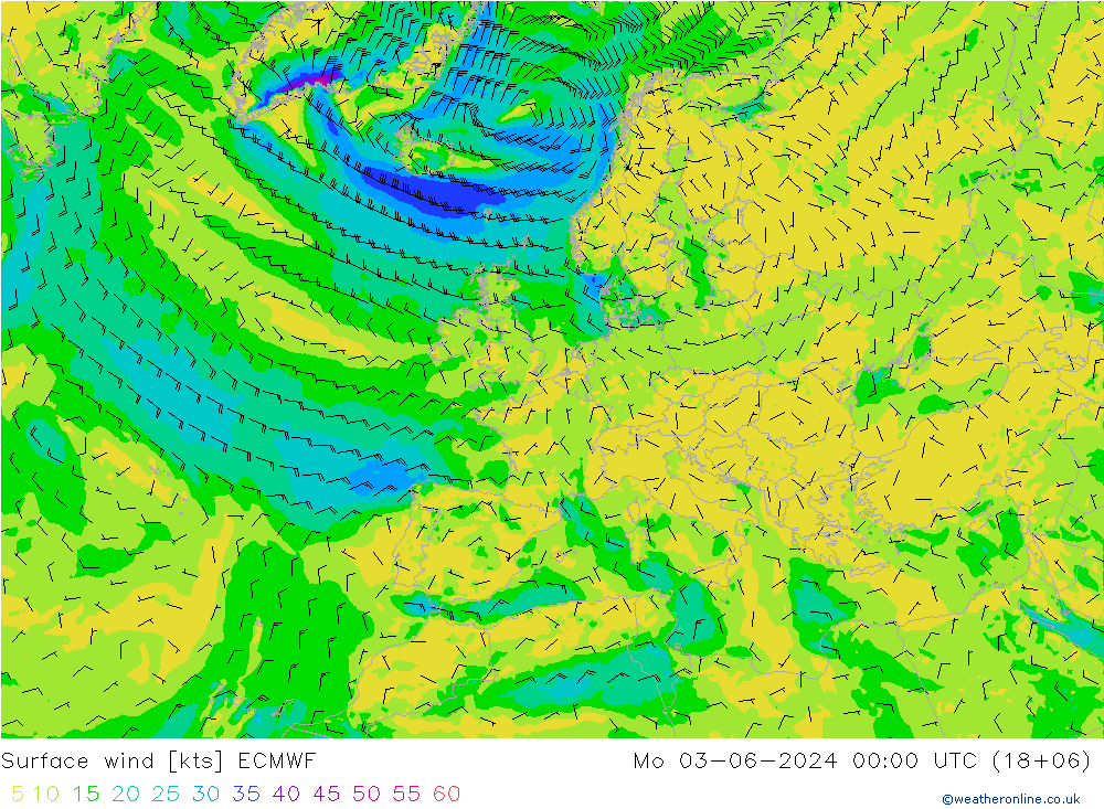 wiatr 10 m ECMWF pon. 03.06.2024 00 UTC