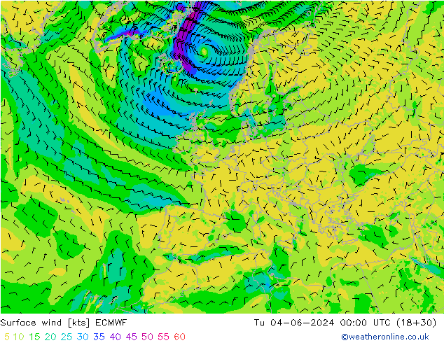 Surface wind ECMWF Tu 04.06.2024 00 UTC