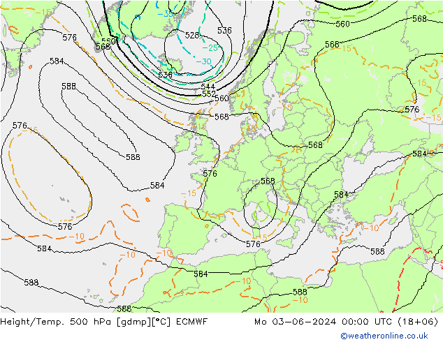 Height/Temp. 500 hPa ECMWF pon. 03.06.2024 00 UTC