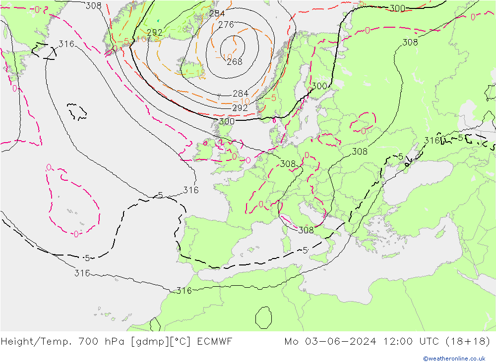 Height/Temp. 700 hPa ECMWF  03.06.2024 12 UTC