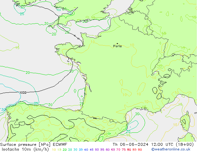 Isotachen (km/h) ECMWF do 06.06.2024 12 UTC