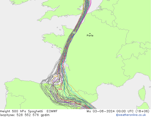 Height 500 hPa Spaghetti ECMWF Mo 03.06.2024 00 UTC