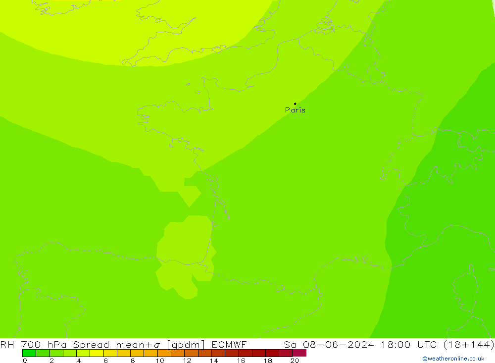 RH 700 hPa Spread ECMWF Sa 08.06.2024 18 UTC