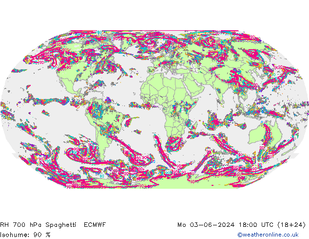 Humedad rel. 700hPa Spaghetti ECMWF lun 03.06.2024 18 UTC