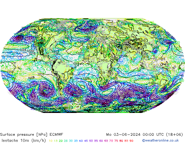 Isotachs (kph) ECMWF Po 03.06.2024 00 UTC