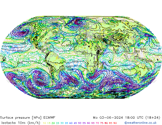 Isotachen (km/h) ECMWF Mo 03.06.2024 18 UTC