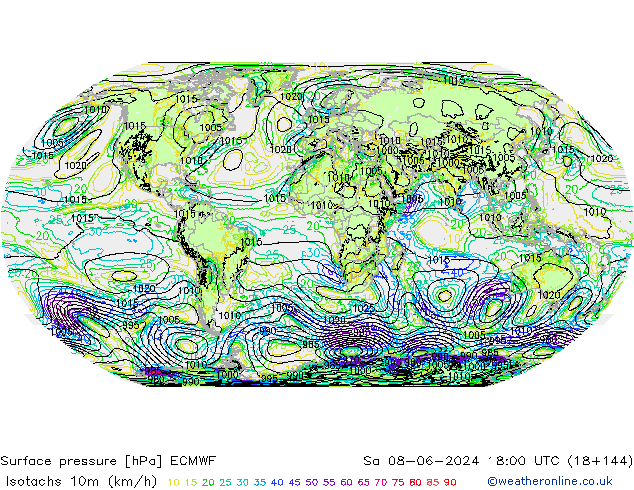 Isotachen (km/h) ECMWF Sa 08.06.2024 18 UTC