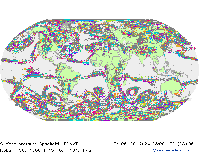 Pressione al suolo Spaghetti ECMWF gio 06.06.2024 18 UTC