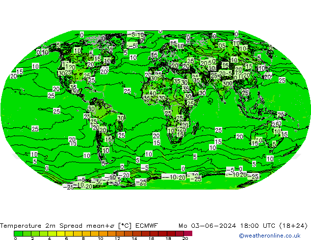 Temperatura 2m Spread ECMWF lun 03.06.2024 18 UTC
