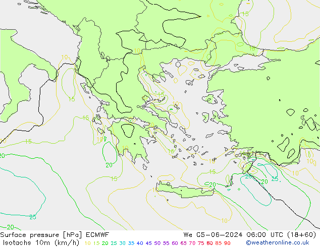 Izotacha (km/godz) ECMWF śro. 05.06.2024 06 UTC