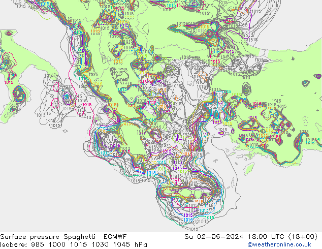 Surface pressure Spaghetti ECMWF Su 02.06.2024 18 UTC