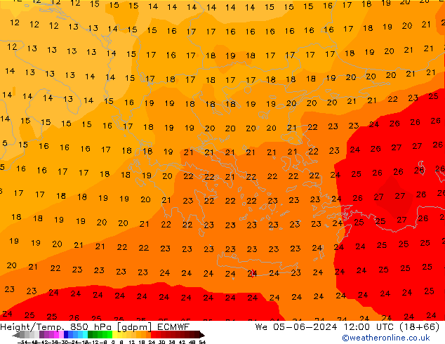 Yükseklik/Sıc. 850 hPa ECMWF Çar 05.06.2024 12 UTC