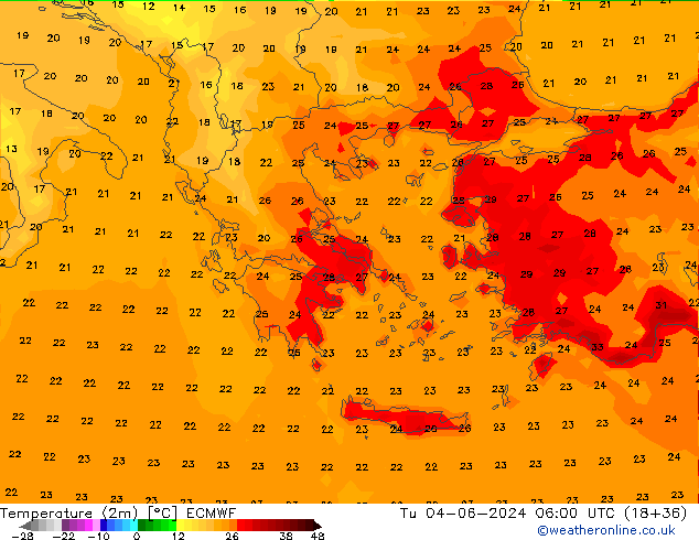 Temperatuurkaart (2m) ECMWF di 04.06.2024 06 UTC