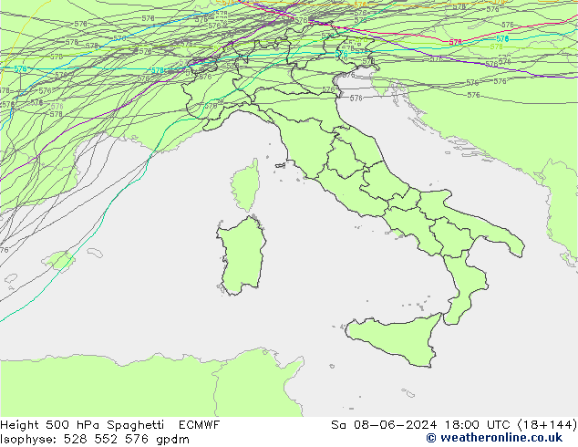 Height 500 hPa Spaghetti ECMWF Sáb 08.06.2024 18 UTC