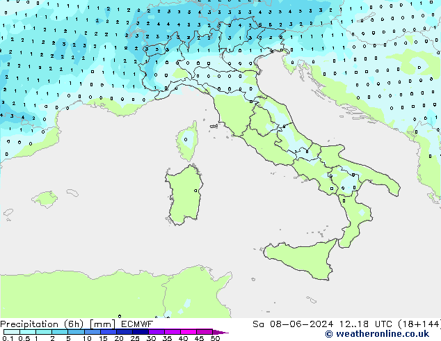 Totale neerslag (6h) ECMWF za 08.06.2024 18 UTC