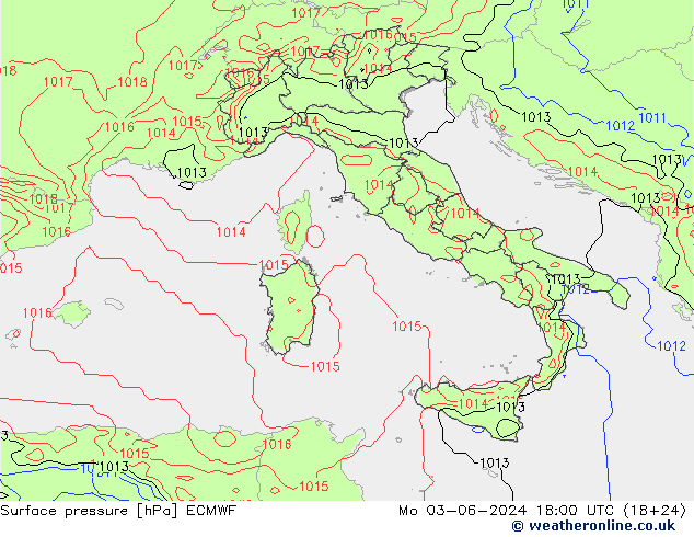 Presión superficial ECMWF lun 03.06.2024 18 UTC