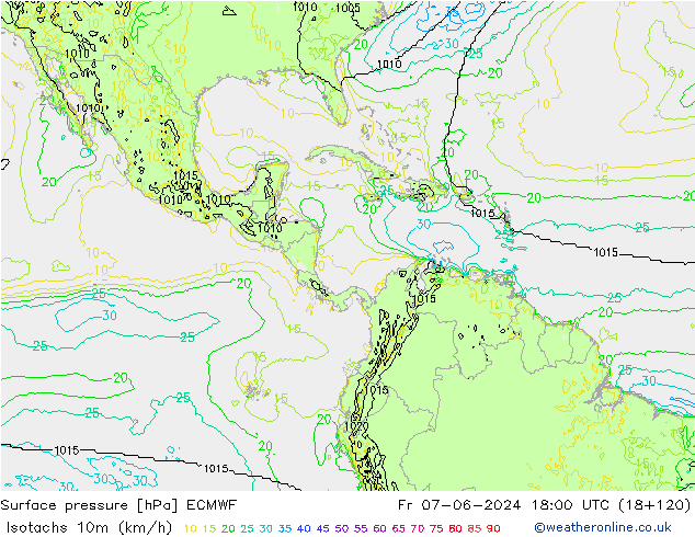 Isotachs (kph) ECMWF ven 07.06.2024 18 UTC