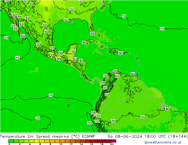 Temperatuurkaart Spread ECMWF za 08.06.2024 18 UTC
