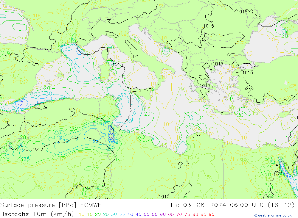 Isotachs (kph) ECMWF Mo 03.06.2024 06 UTC