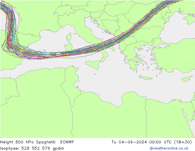 Height 500 hPa Spaghetti ECMWF mar 04.06.2024 00 UTC