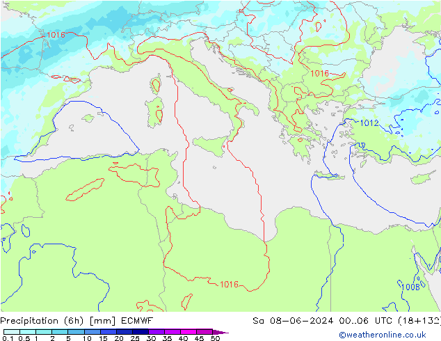 Totale neerslag (6h) ECMWF za 08.06.2024 06 UTC
