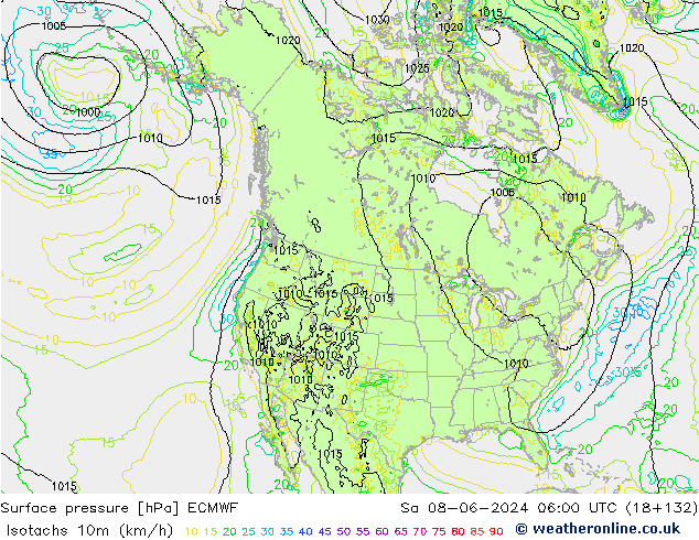 Isotachen (km/h) ECMWF za 08.06.2024 06 UTC