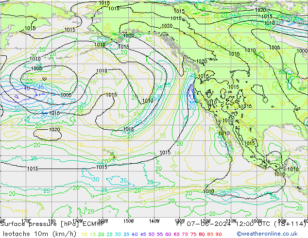 Isotachs (kph) ECMWF Pá 07.06.2024 12 UTC