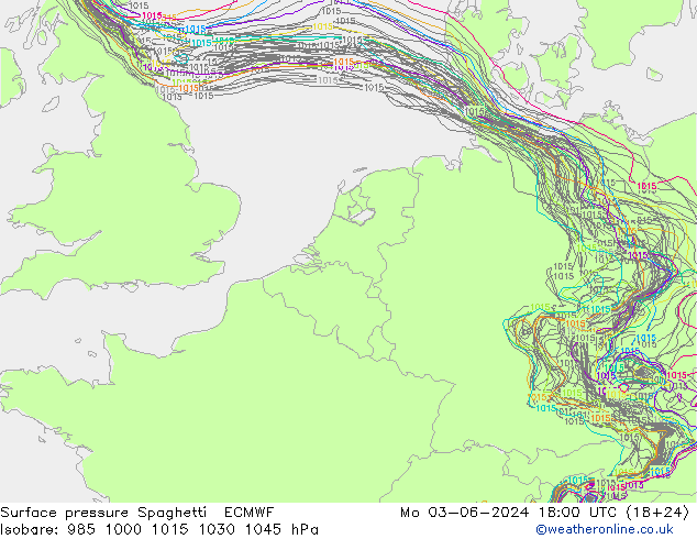 Surface pressure Spaghetti ECMWF Mo 03.06.2024 18 UTC