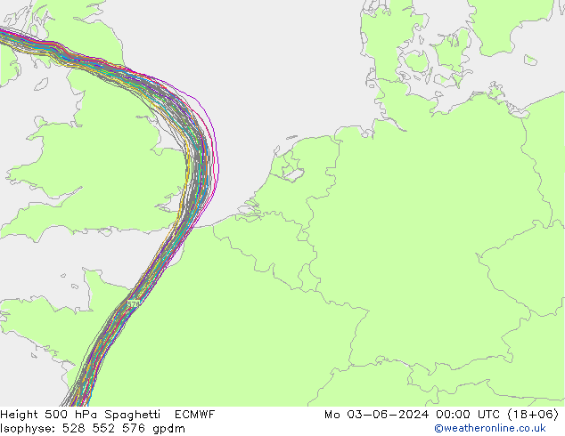 Height 500 hPa Spaghetti ECMWF Mo 03.06.2024 00 UTC