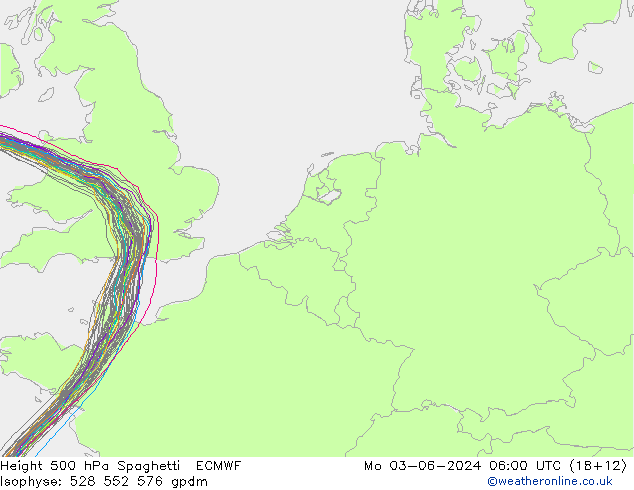 Height 500 hPa Spaghetti ECMWF Mo 03.06.2024 06 UTC