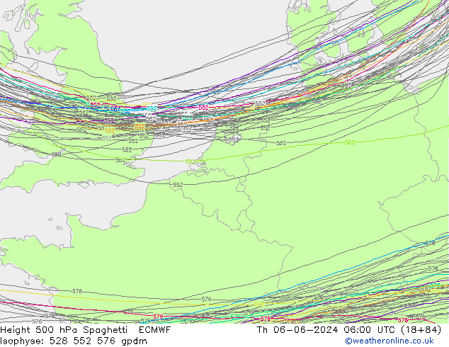 Height 500 hPa Spaghetti ECMWF Do 06.06.2024 06 UTC